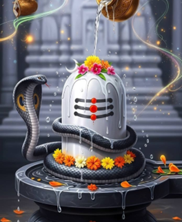 Abhishek done to White Shivalinga with snake coiled around it